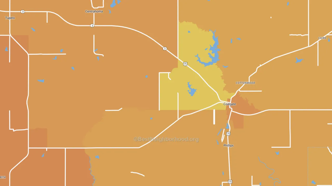 Map of the best neighborhoods in the Coal County area, with better matches in green and worse matches in red