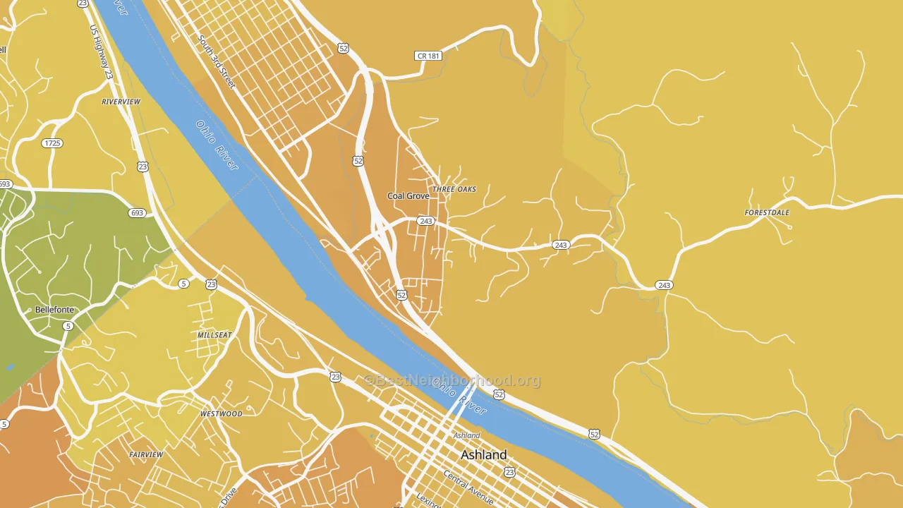 Map of the best neighborhoods in the Coal Grove area, with better matches in green and worse matches in red