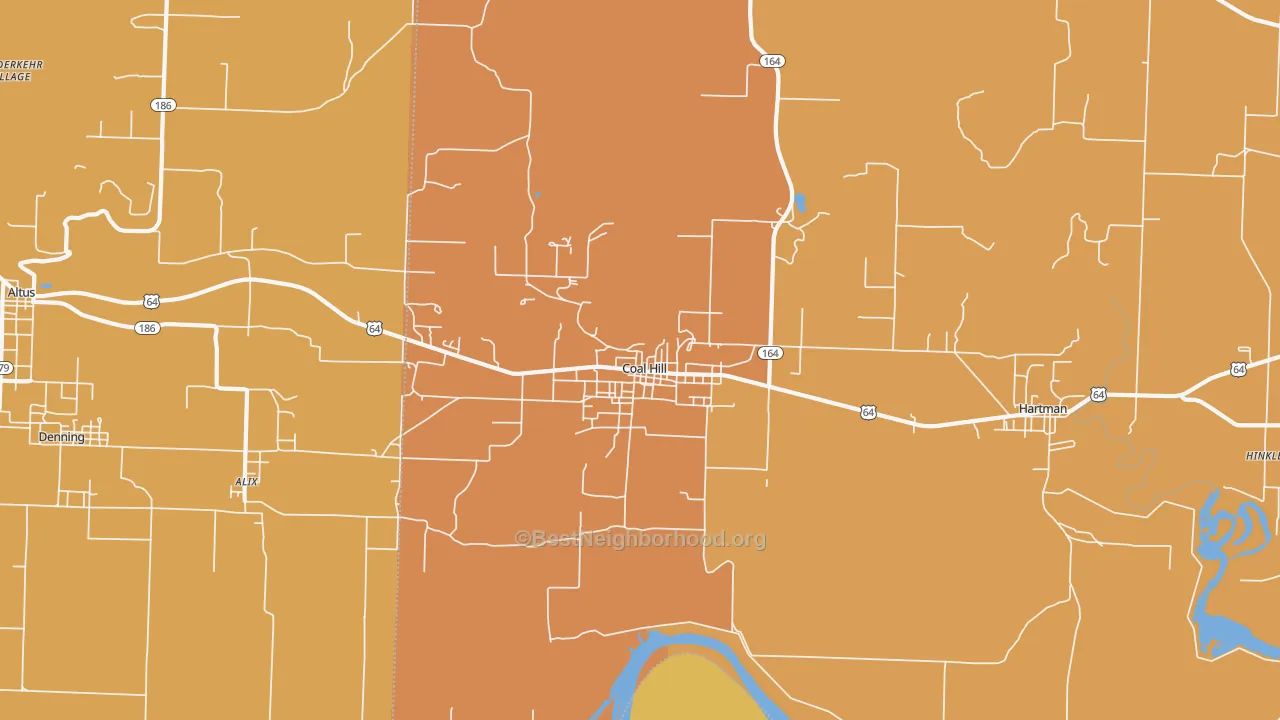 Map of the best neighborhoods in the Coal Hill area, with better matches in green and worse matches in red