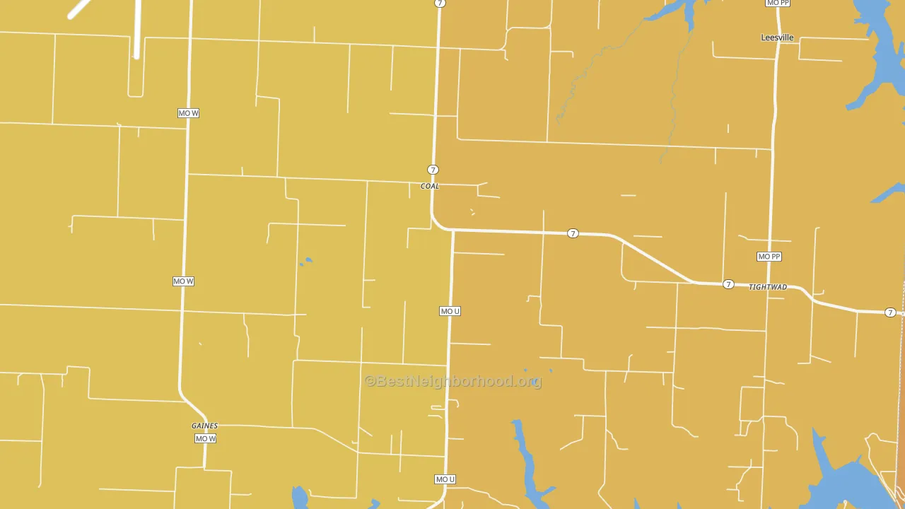 Map of the best neighborhoods in the Coal area, with better matches in green and worse matches in red