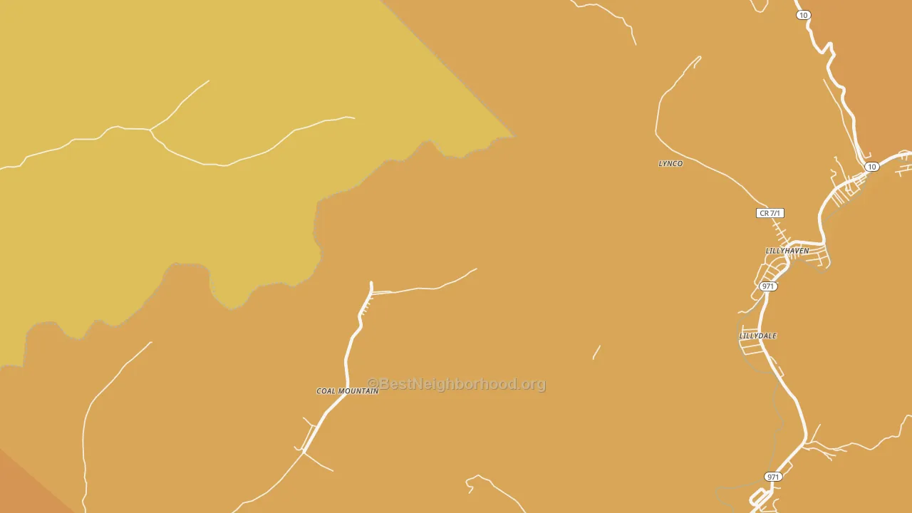 Map of the best neighborhoods in the Coal Mountain area, with better matches in green and worse matches in red