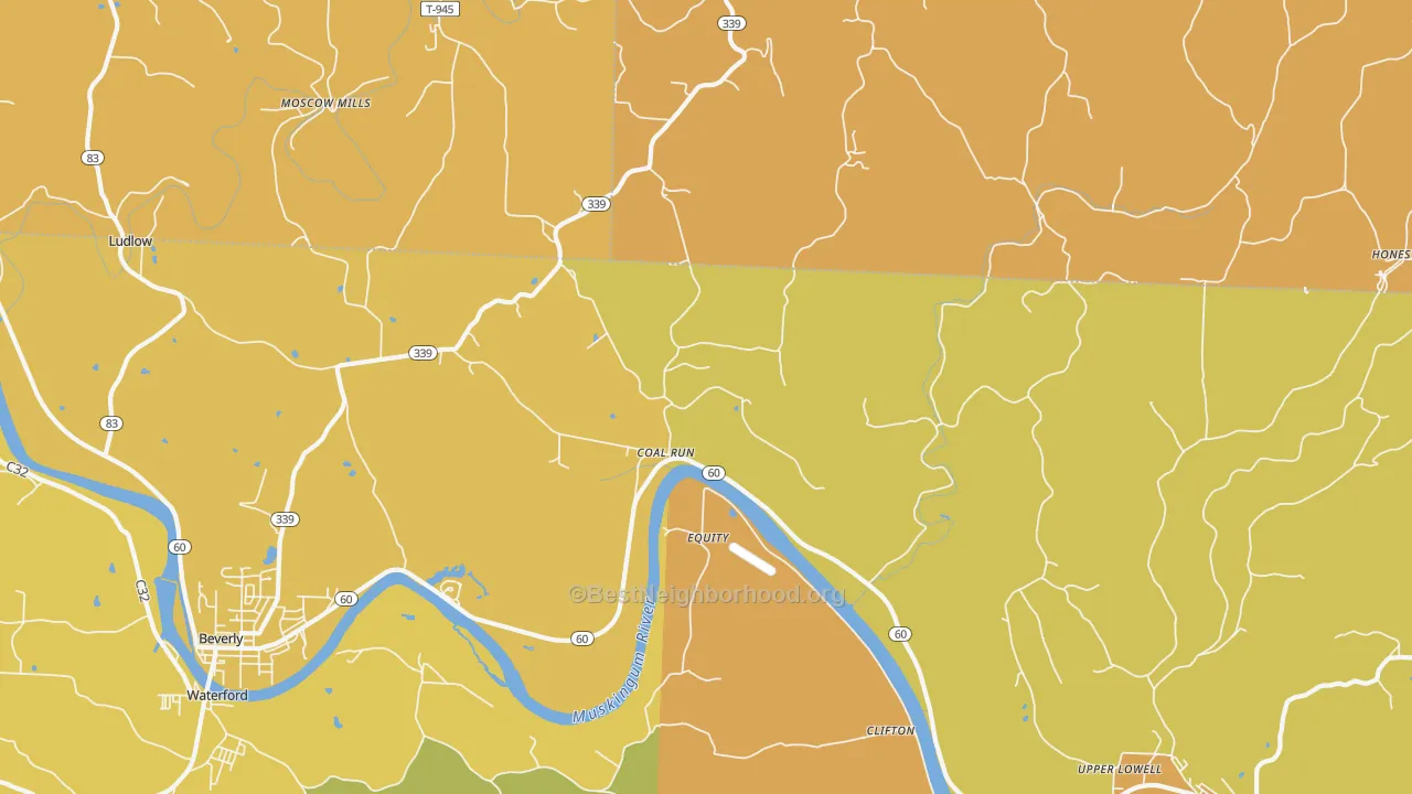 Map of the best neighborhoods in the Coal Run area, with better matches in green and worse matches in red
