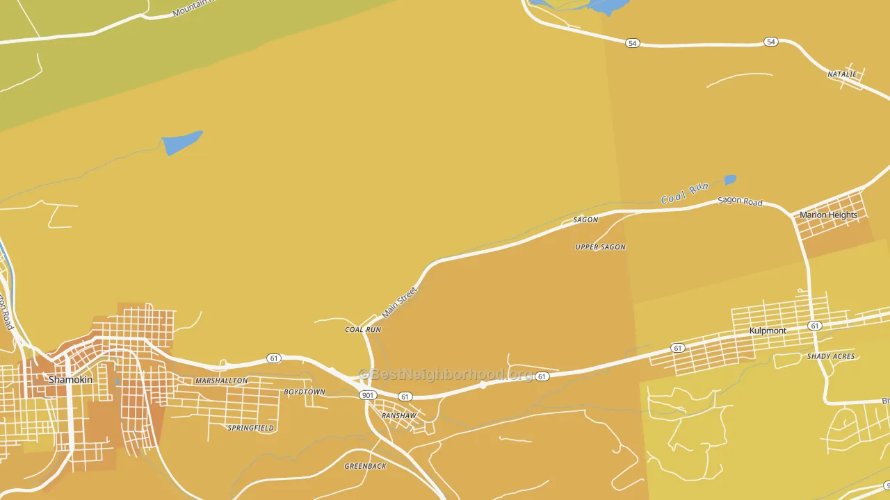 Map of the best neighborhoods in the Coal Run area, with better matches in green and worse matches in red