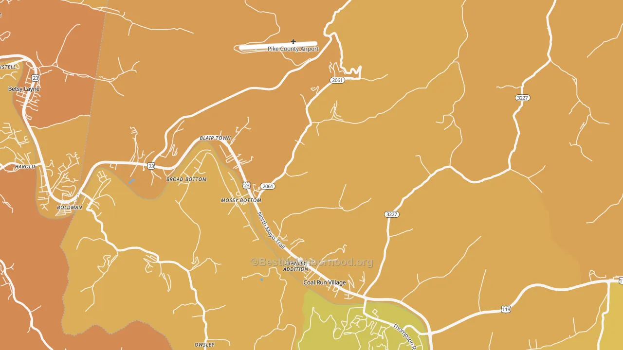 Map of the best neighborhoods in the Coal Run Village area, with better matches in green and worse matches in red