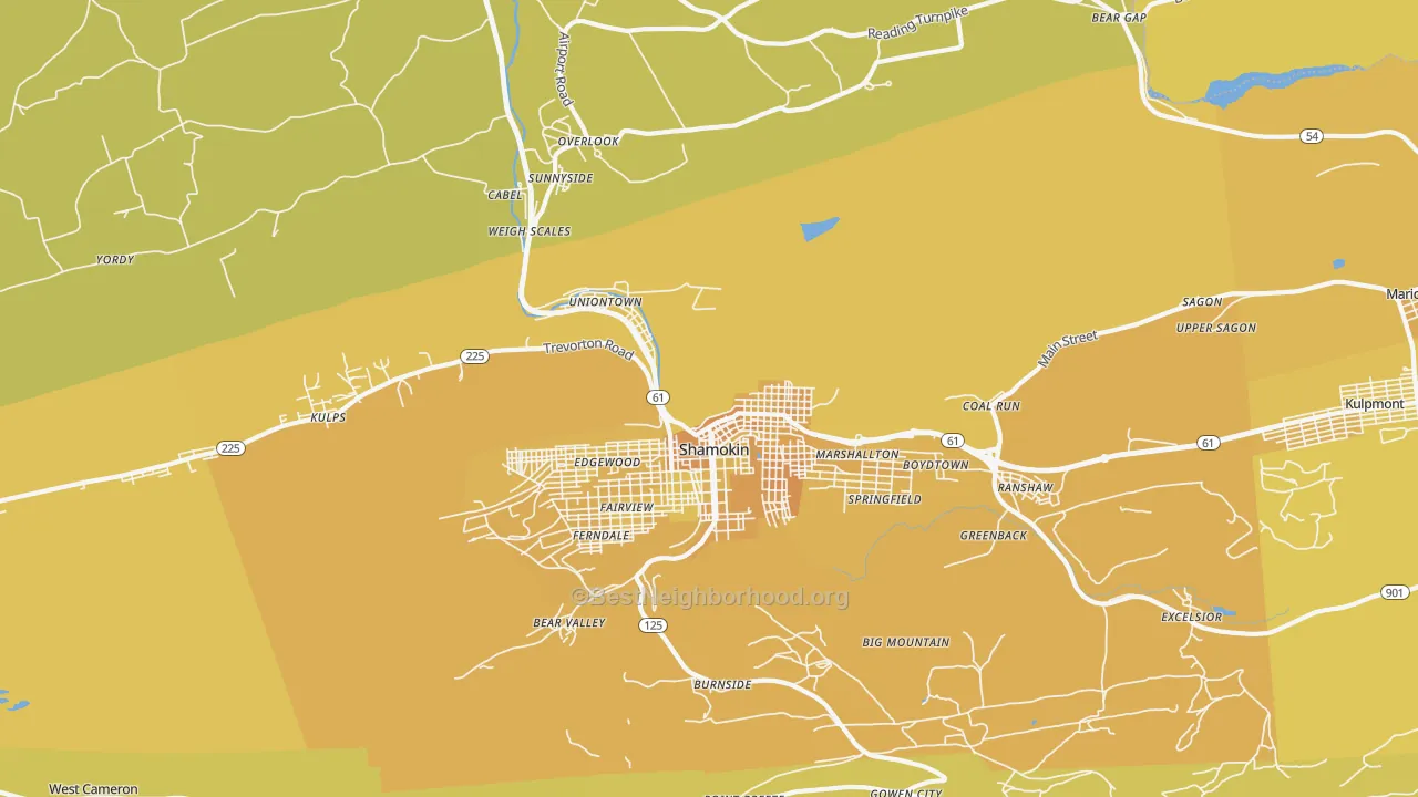 Map of the best neighborhoods in the Coal Township area, with better matches in green and worse matches in red