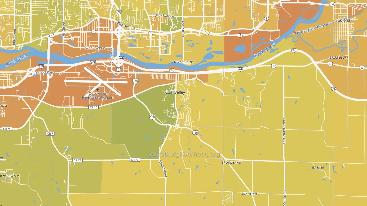 Map of the best neighborhoods in the Coal Valley area, with better matches in green and worse matches in red