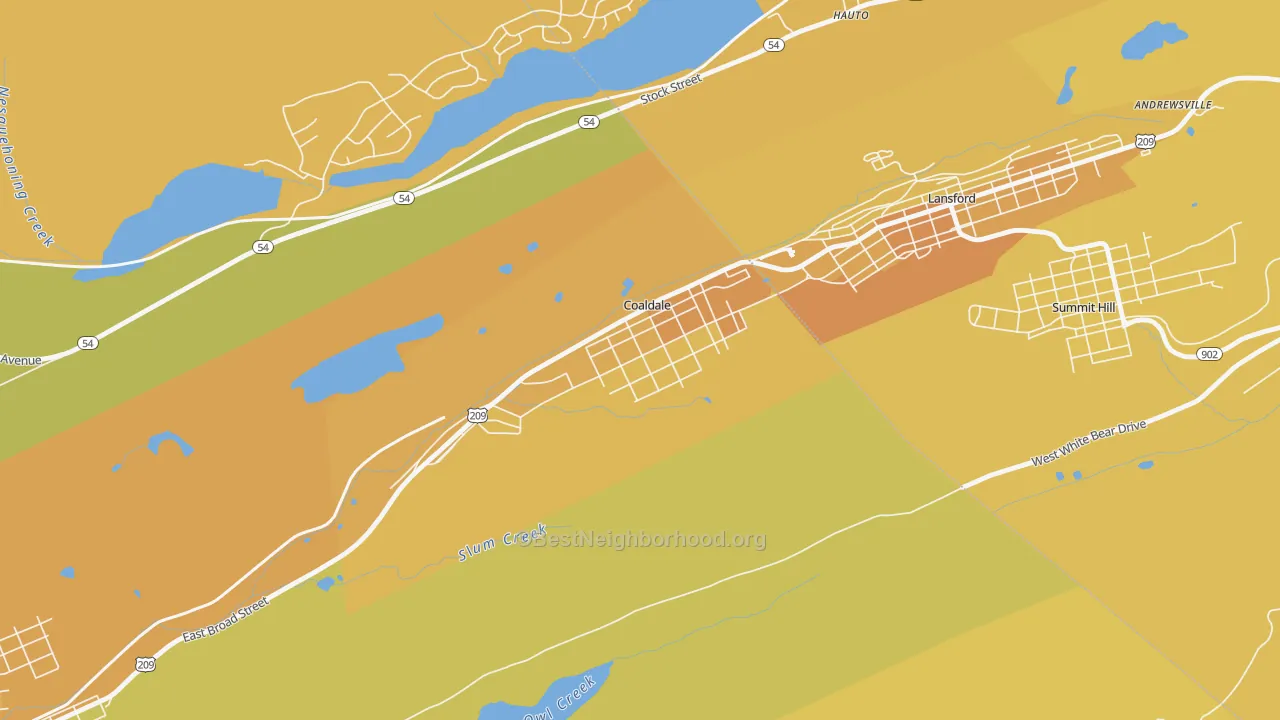 Map of the best neighborhoods in the Coaldale area, with better matches in green and worse matches in red