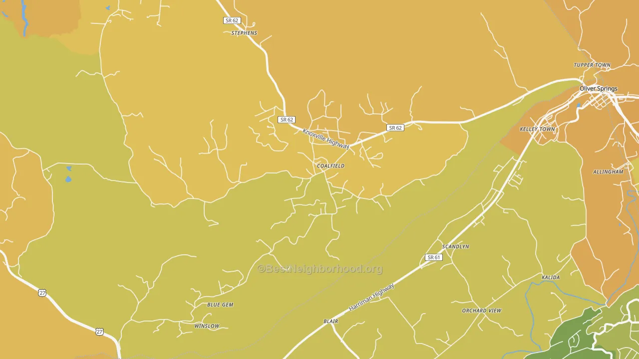 Map of the best neighborhoods in the Coalfield area, with better matches in green and worse matches in red