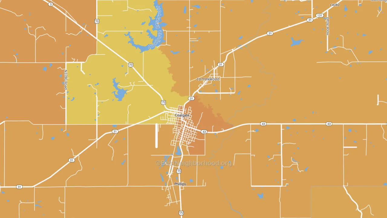 Map of the best neighborhoods in the Coalgate area, with better matches in green and worse matches in red