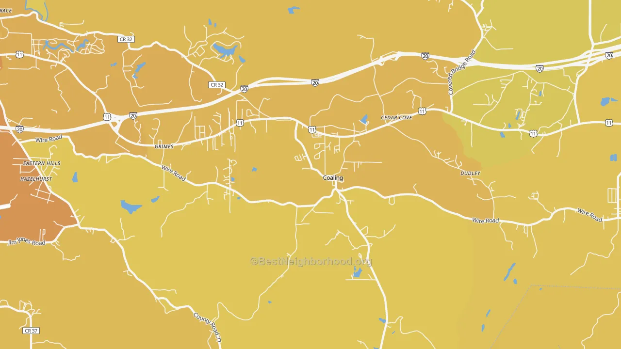 Map of the best neighborhoods in the Coaling area, with better matches in green and worse matches in red