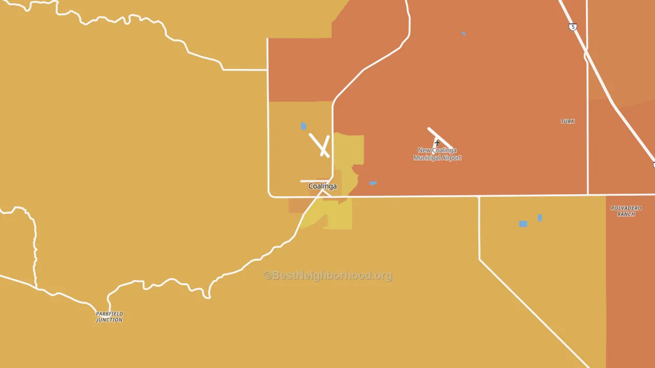 Map of the best neighborhoods in the Coalinga area, with better matches in green and worse matches in red