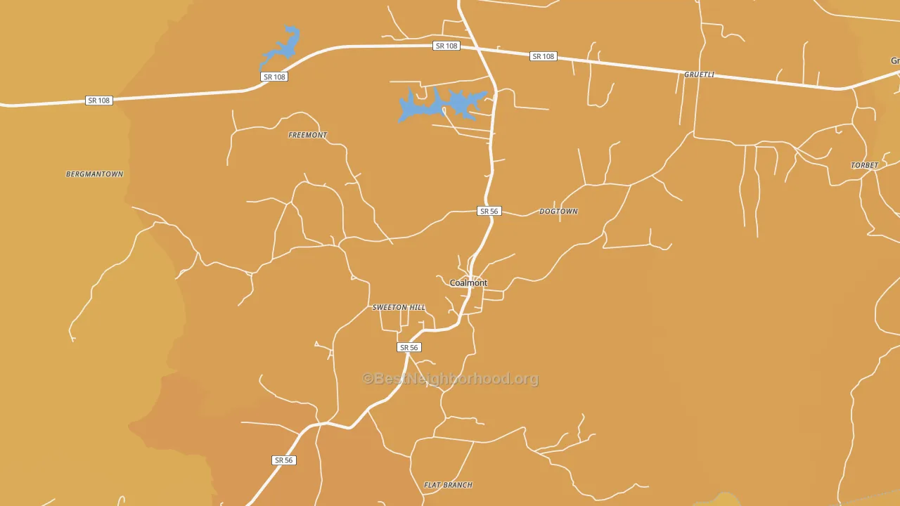 Map of the best neighborhoods in the Coalmont area, with better matches in green and worse matches in red