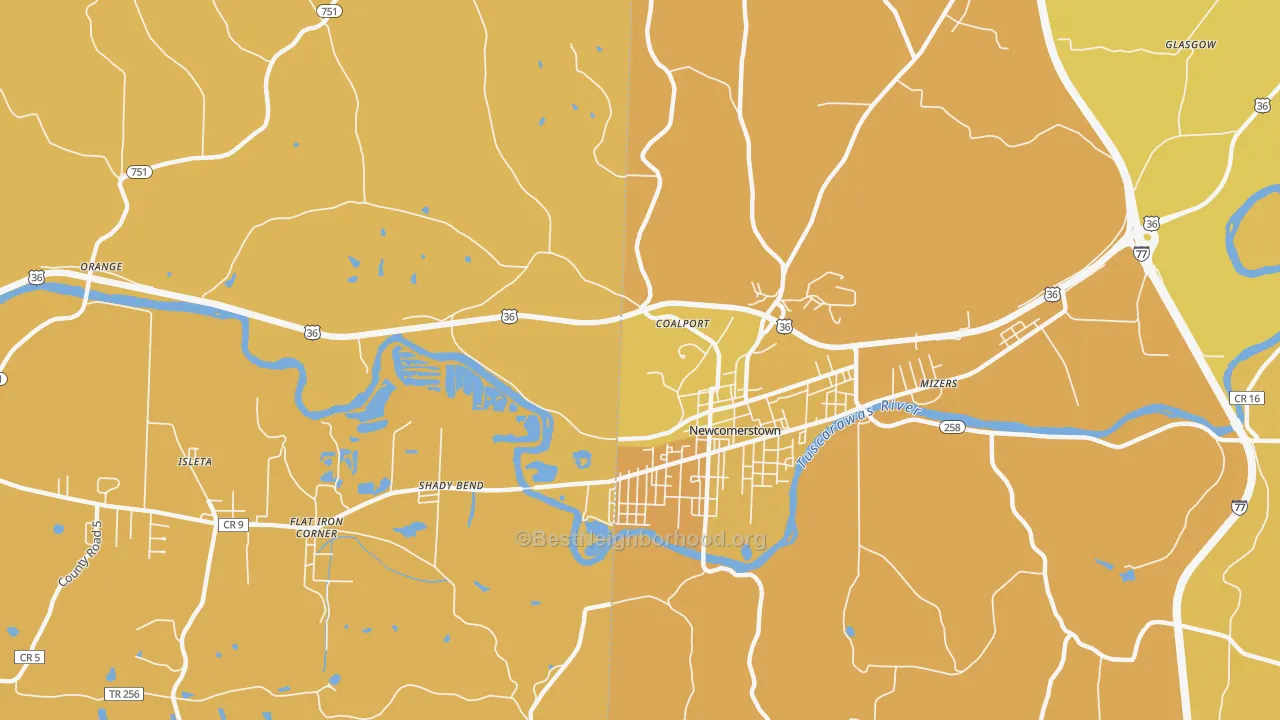 Map of the best neighborhoods in the Coalport area, with better matches in green and worse matches in red