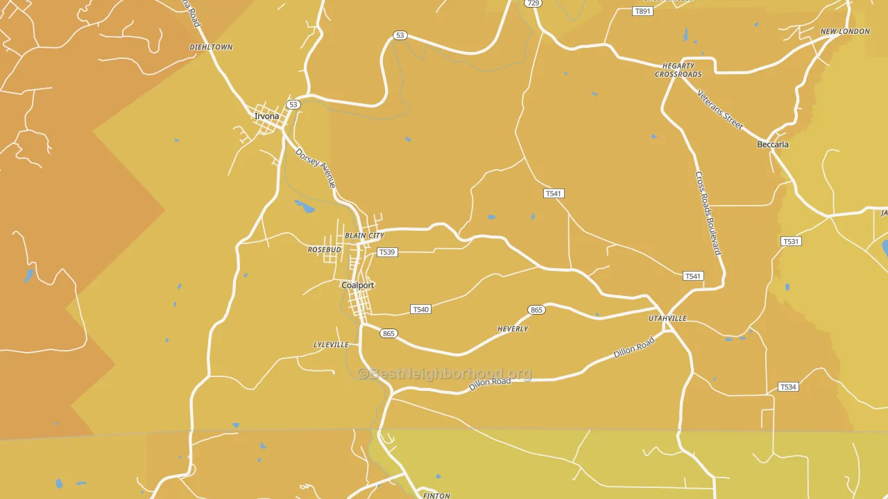 Map of the best neighborhoods in the Coalport area, with better matches in green and worse matches in red