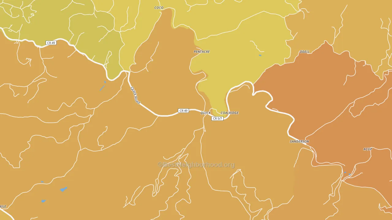Map of the best neighborhoods in the Coalridge area, with better matches in green and worse matches in red