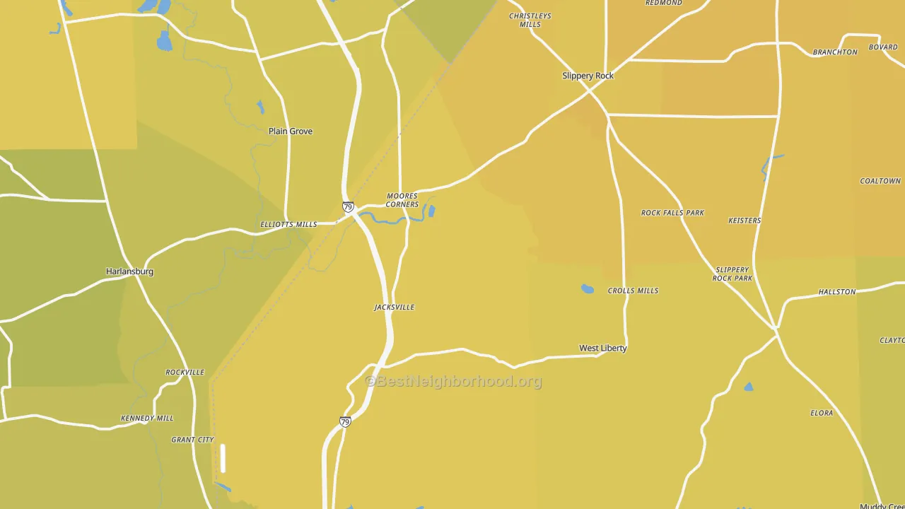 Map of the best neighborhoods in the Coaltown area, with better matches in green and worse matches in red