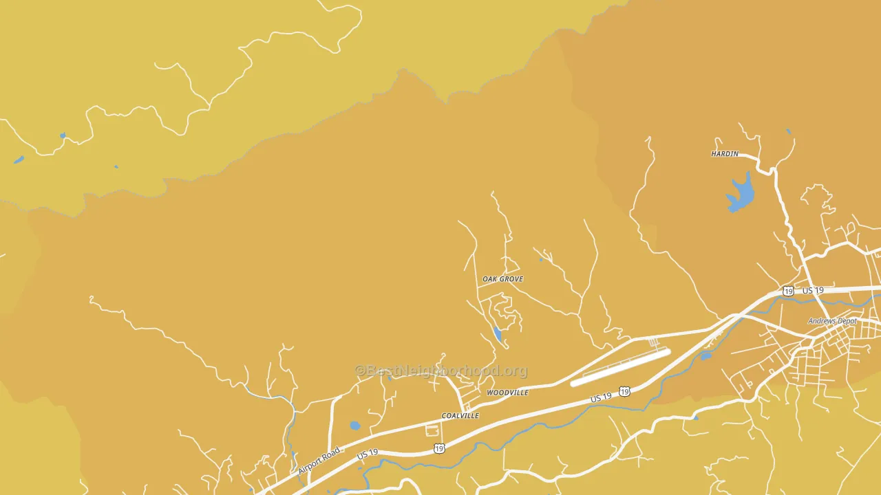 Map of the best neighborhoods in the Coalville area, with better matches in green and worse matches in red