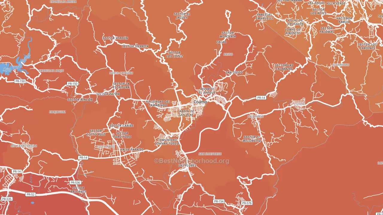 Map of the best neighborhoods in the Coamo Municipio area, with better matches in green and worse matches in red