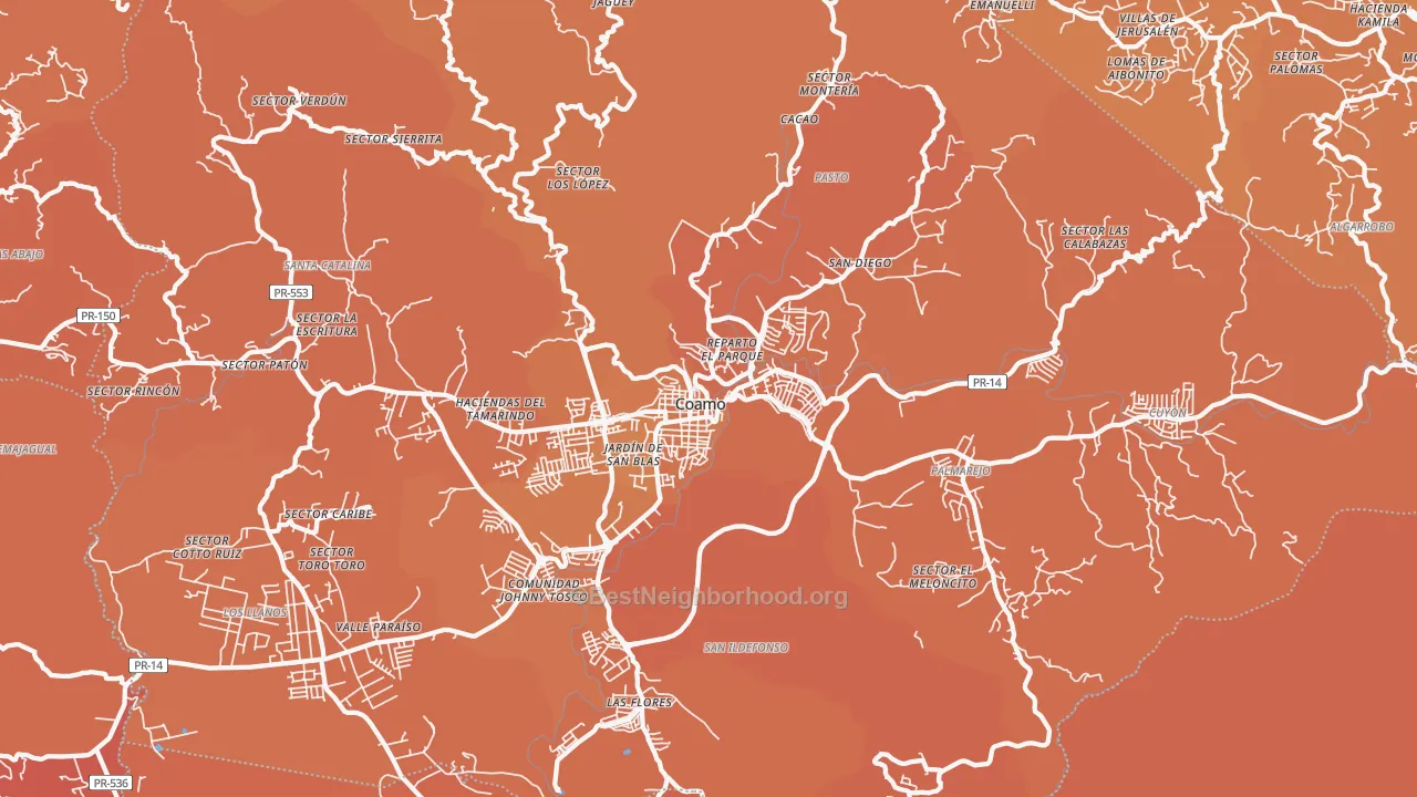 Map of the best neighborhoods in the Coamo area, with better matches in green and worse matches in red