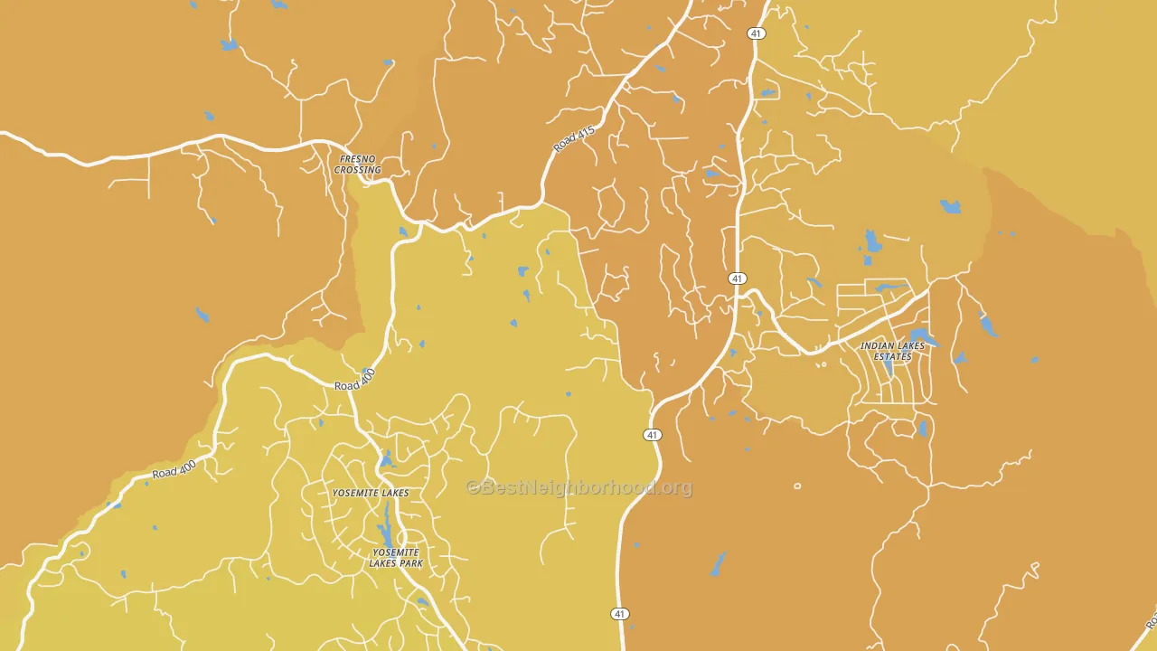 Map of the best neighborhoods in the Coarsegold area, with better matches in green and worse matches in red