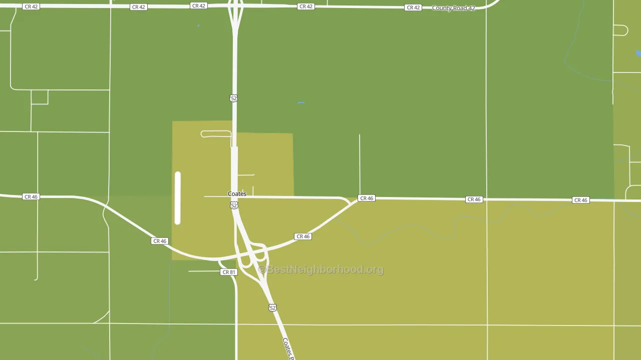 Map of the best neighborhoods in the Coates area, with better matches in green and worse matches in red