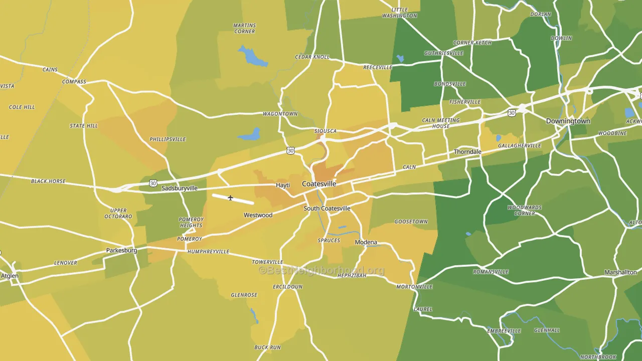 Map of the best neighborhoods in the Coatesville area, with better matches in green and worse matches in red