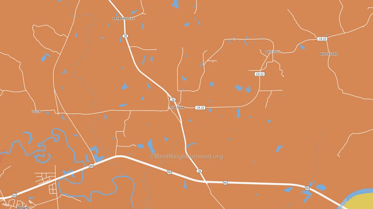 Map of the best neighborhoods in the Coatopa area, with better matches in green and worse matches in red