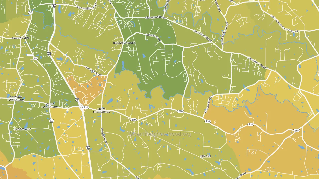 Map of the best neighborhoods in the Coats Crossroads area, with better matches in green and worse matches in red