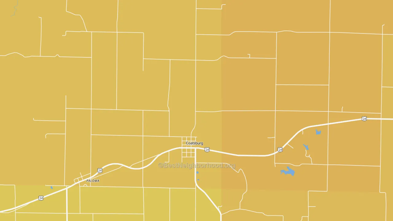 Map of the best neighborhoods in the Coatsburg area, with better matches in green and worse matches in red