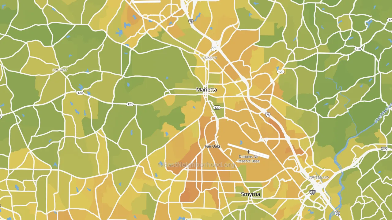 Map of the best neighborhoods in the Cobb County area, with better matches in green and worse matches in red