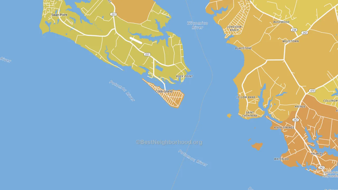 Map of the best neighborhoods in the Cobb Island area, with better matches in green and worse matches in red