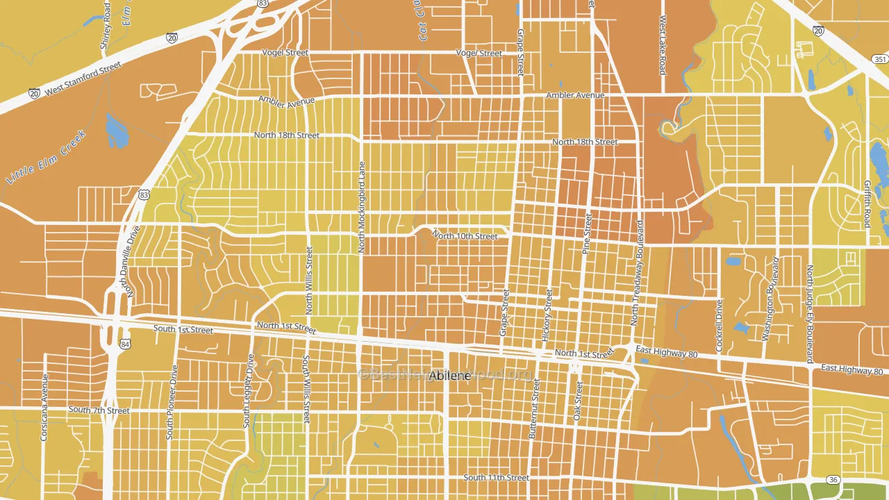 Map of the best neighborhoods in the Cobb Park Area, Abilene area, with better matches in green and worse matches in red