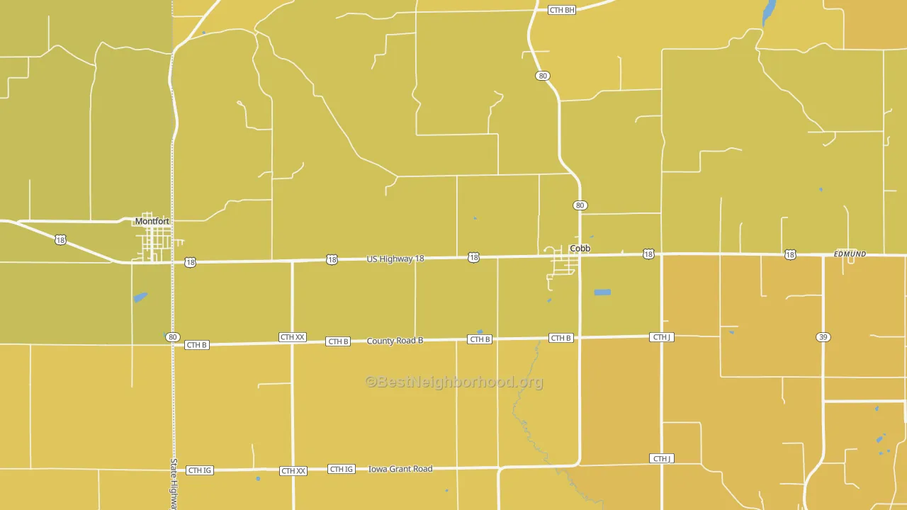 Map of the best neighborhoods in the Cobb area, with better matches in green and worse matches in red