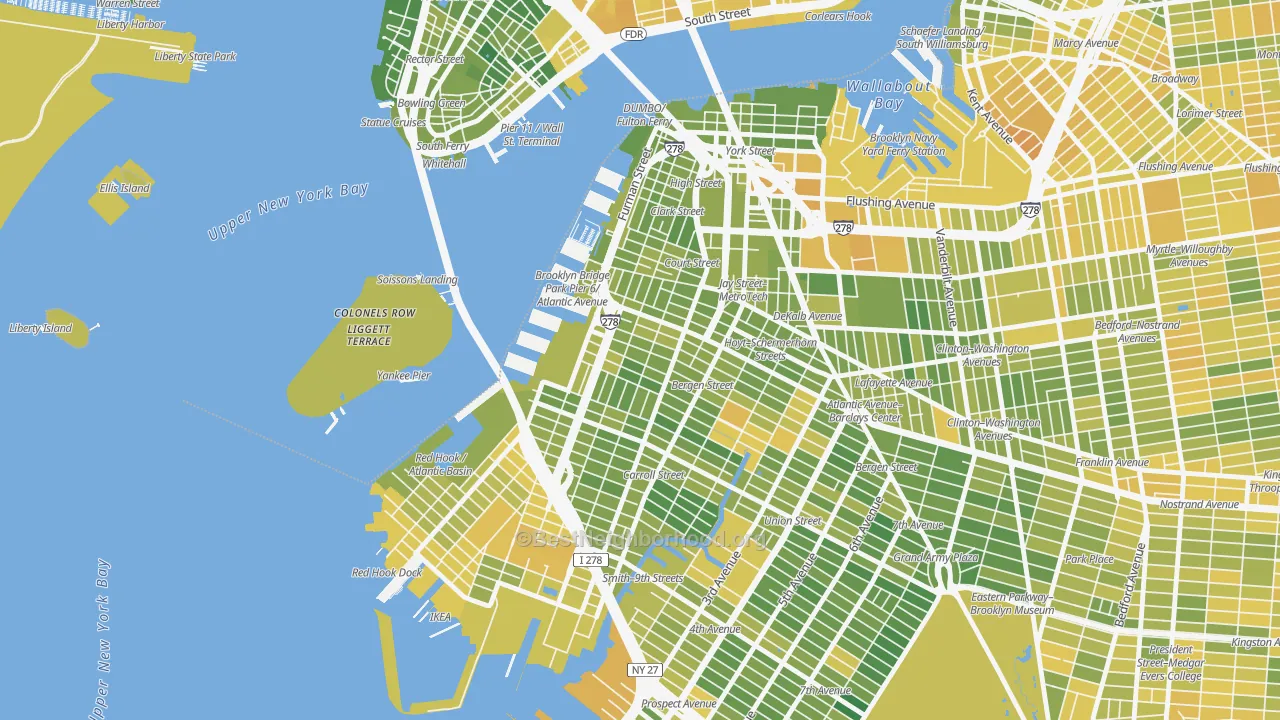 Map of the best neighborhoods in the Cobble Hill, Brooklyn area, with better matches in green and worse matches in red