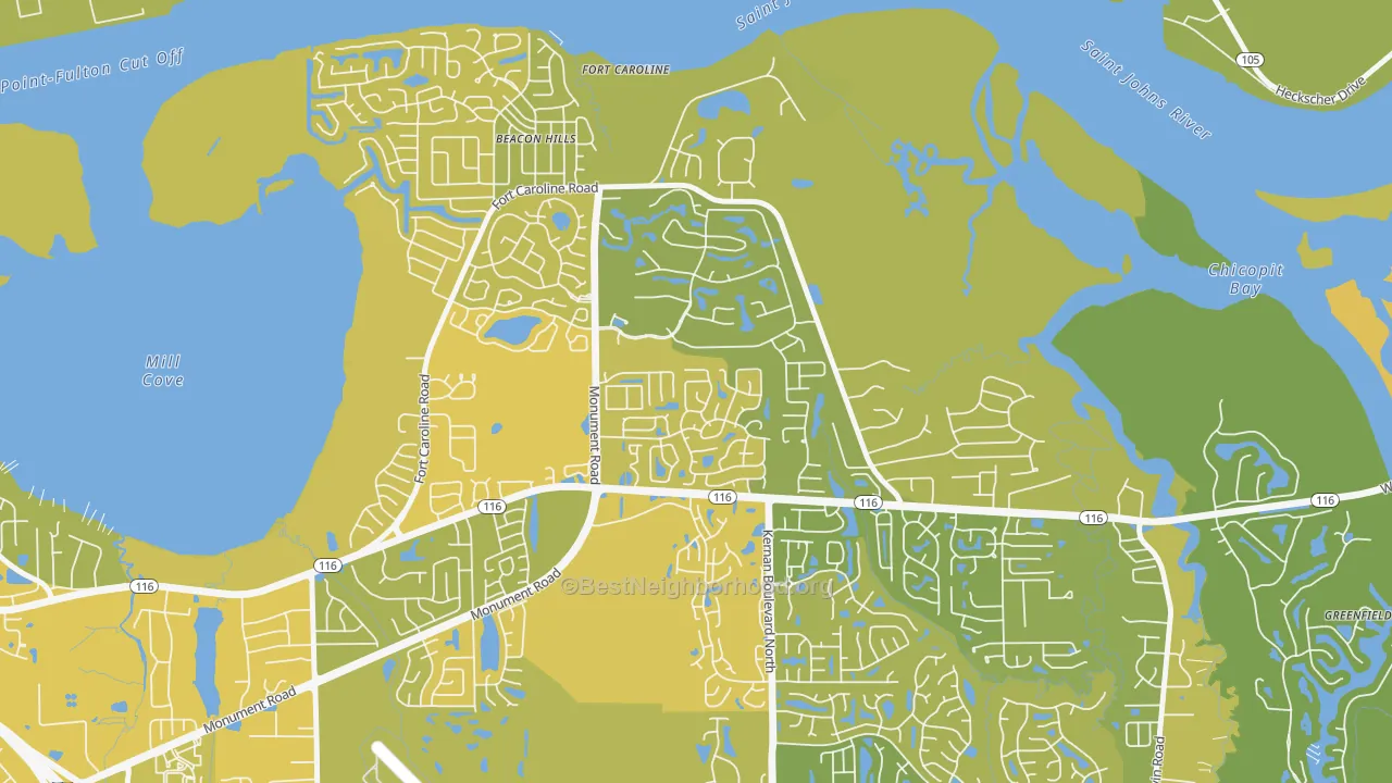 Map of the best neighborhoods in the Cobblestone, Jacksonville area, with better matches in green and worse matches in red