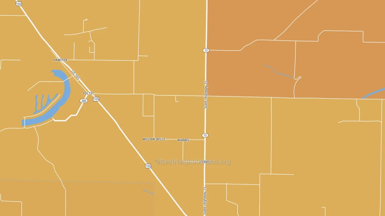 Map of the best neighborhoods in the Cobbs area, with better matches in green and worse matches in red