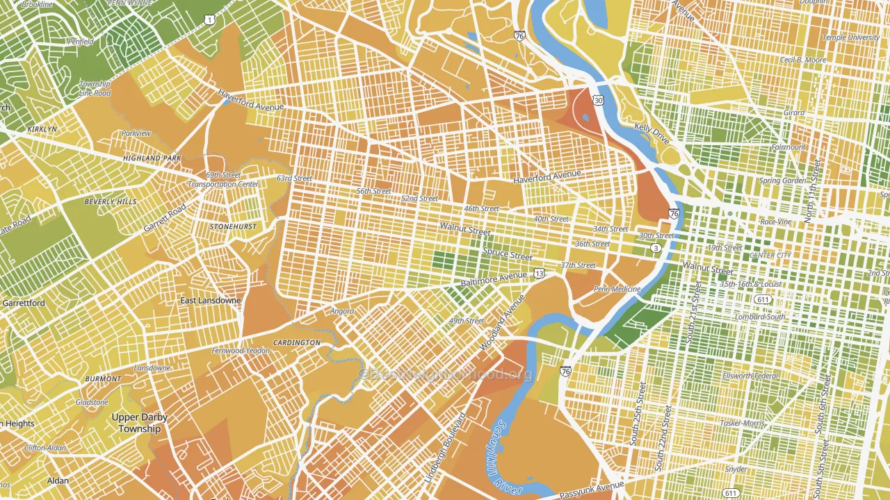 Map of the best neighborhoods in the Cobbs Creek, Philadelphia area, with better matches in green and worse matches in red