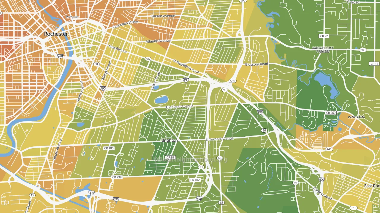 Map of the best neighborhoods in the Cobbs Hill, Rochester area, with better matches in green and worse matches in red