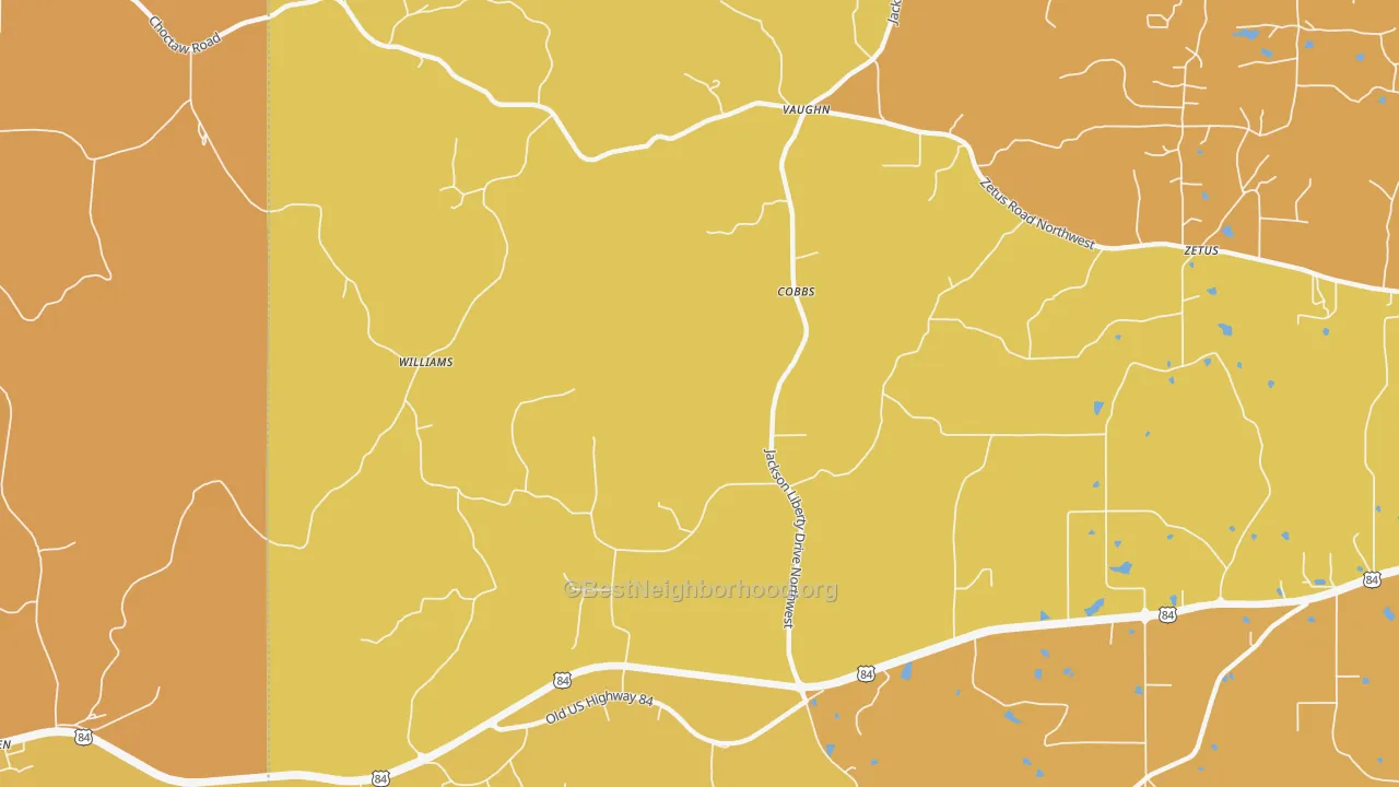 Map of the best neighborhoods in the Cobbs area, with better matches in green and worse matches in red