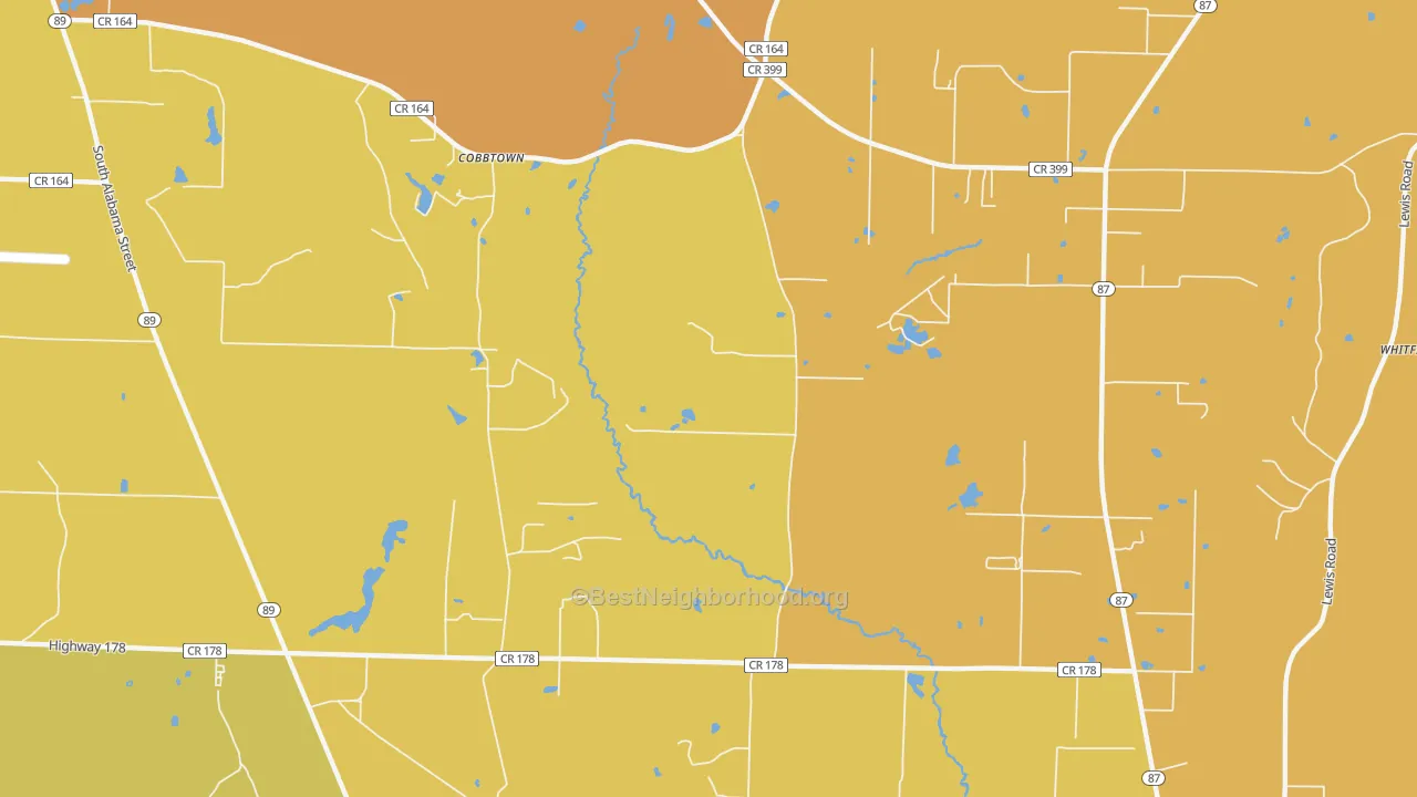 Map of the best neighborhoods in the Cobbtown area, with better matches in green and worse matches in red