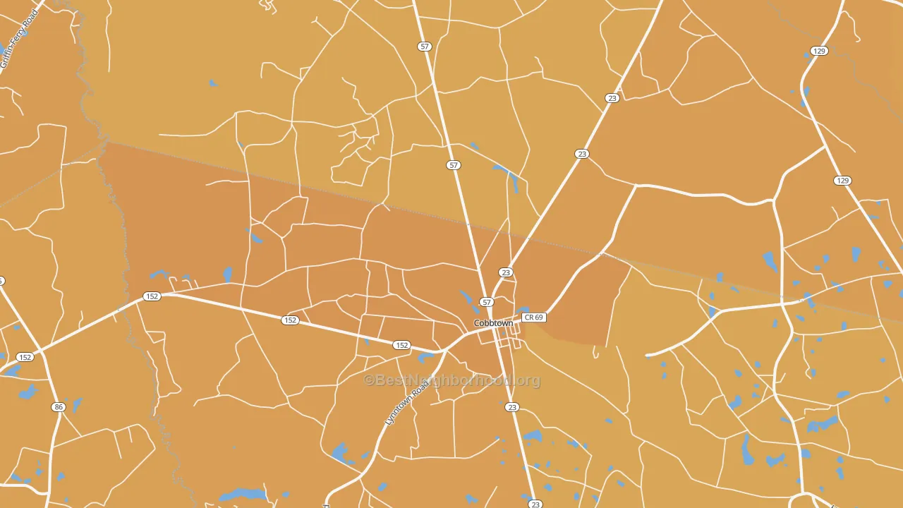 Map of the best neighborhoods in the Cobbtown area, with better matches in green and worse matches in red