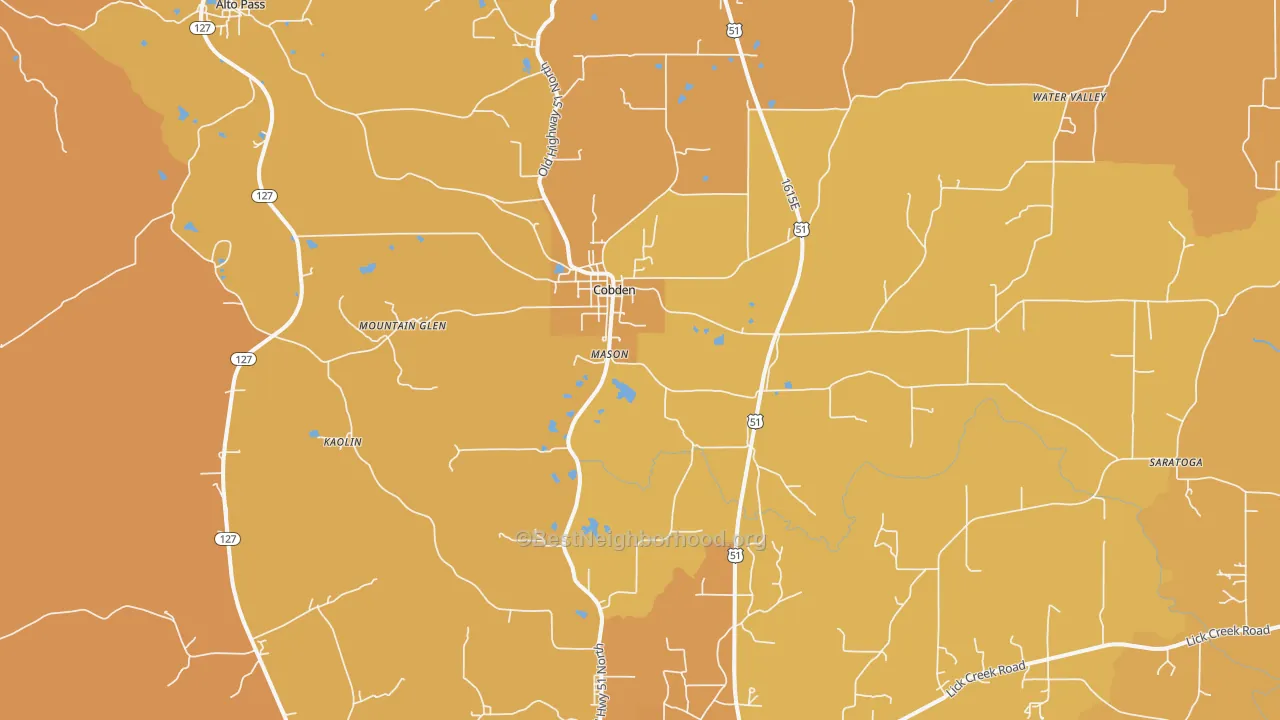 Map of the best neighborhoods in the Cobden area, with better matches in green and worse matches in red