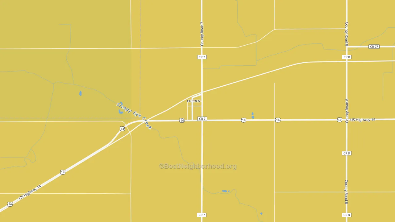 Map of the best neighborhoods in the Cobden area, with better matches in green and worse matches in red