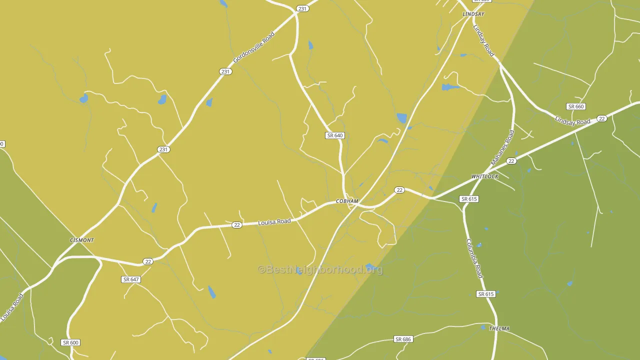 Map of the best neighborhoods in the Cobham area, with better matches in green and worse matches in red