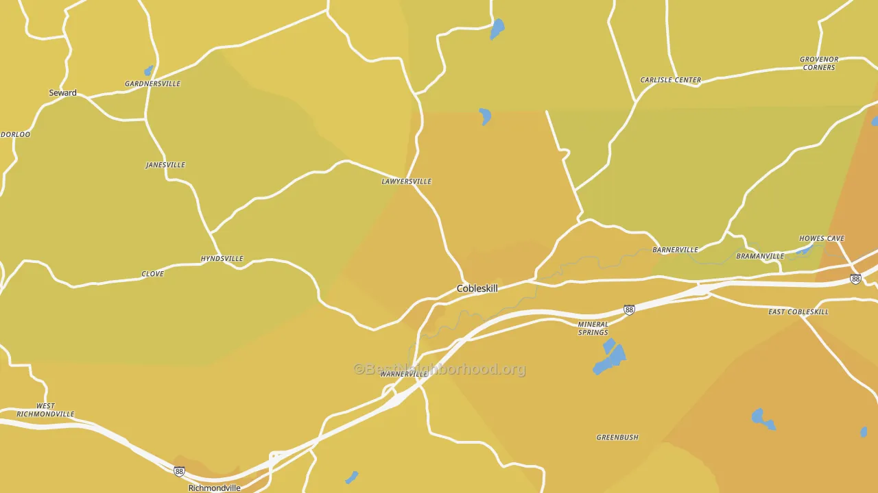 Map of the best neighborhoods in the Cobleskill area, with better matches in green and worse matches in red