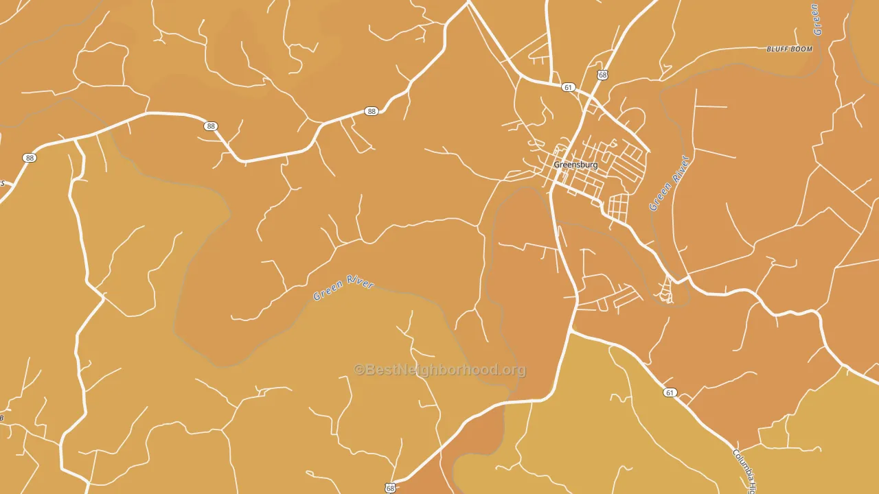 Map of the best neighborhoods in the Coburg area, with better matches in green and worse matches in red
