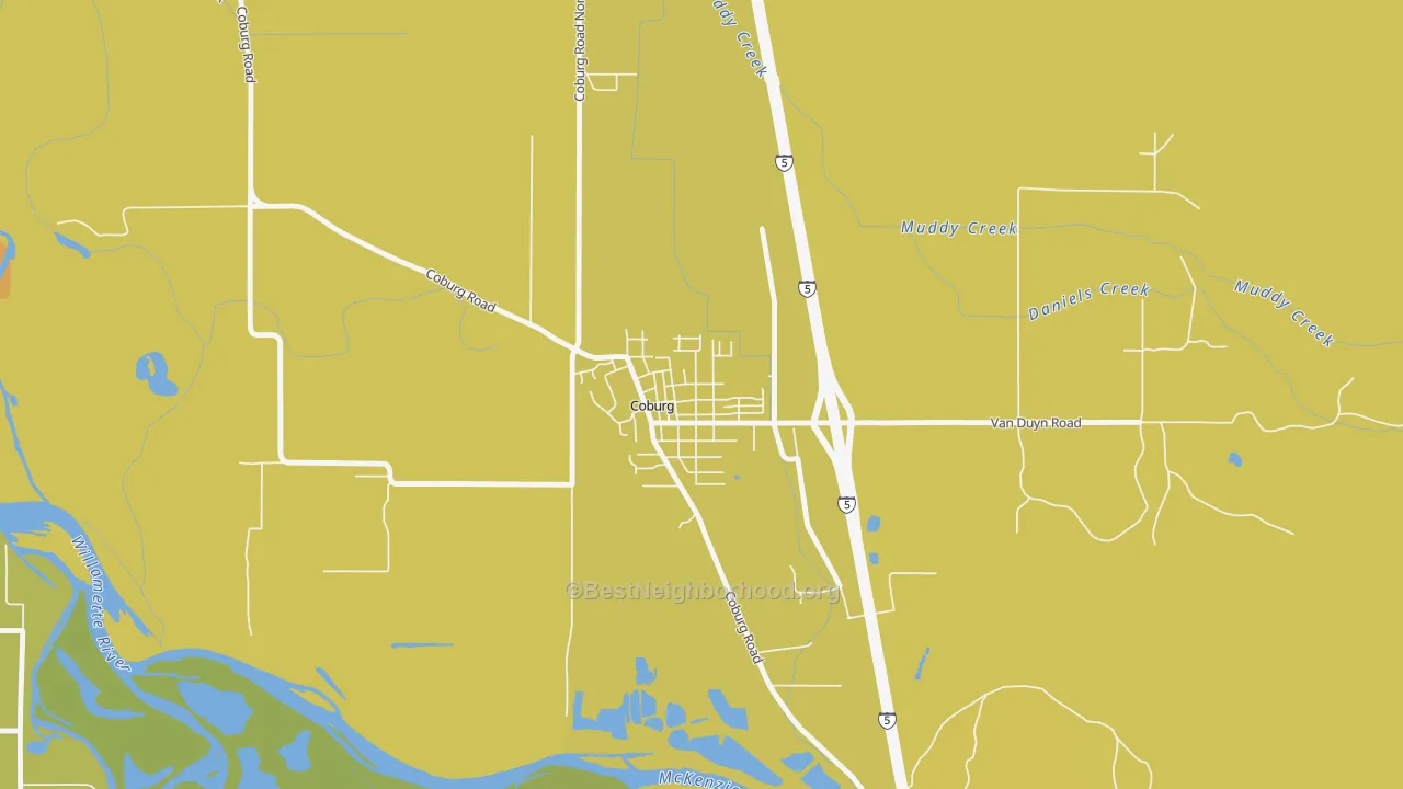 Map of the best neighborhoods in the Coburg area, with better matches in green and worse matches in red