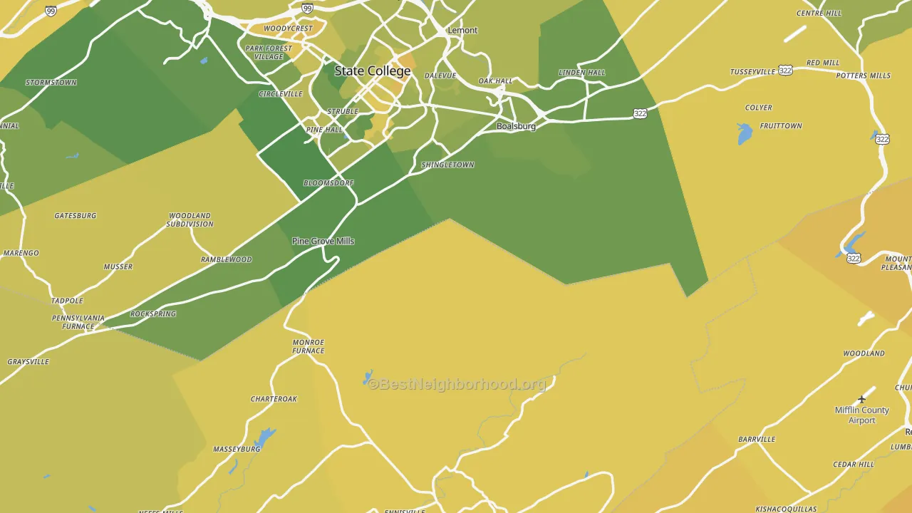Map of the best neighborhoods in the Coburn area, with better matches in green and worse matches in red