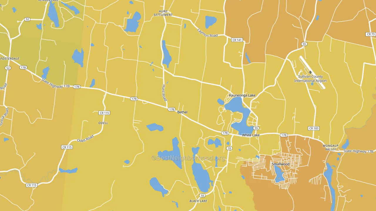 Map of the best neighborhoods in the Cochecton Center area, with better matches in green and worse matches in red