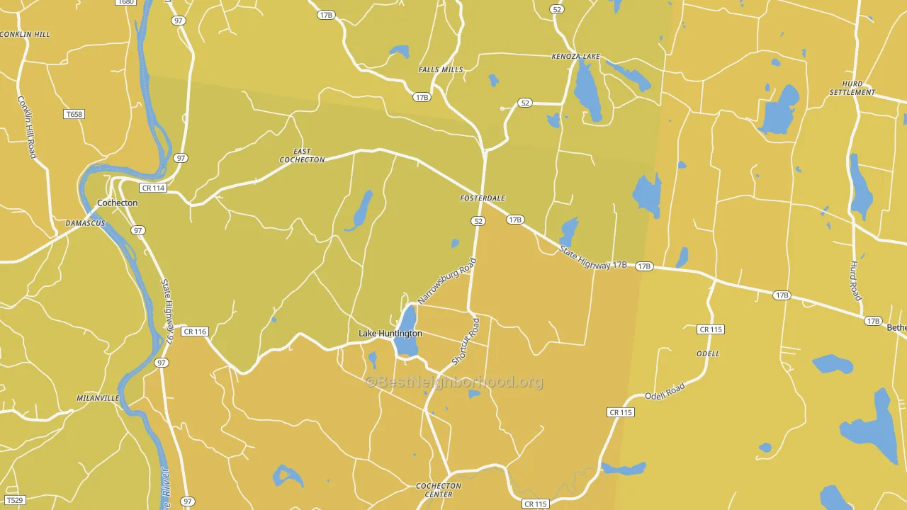 Map of the best neighborhoods in the Cochecton area, with better matches in green and worse matches in red